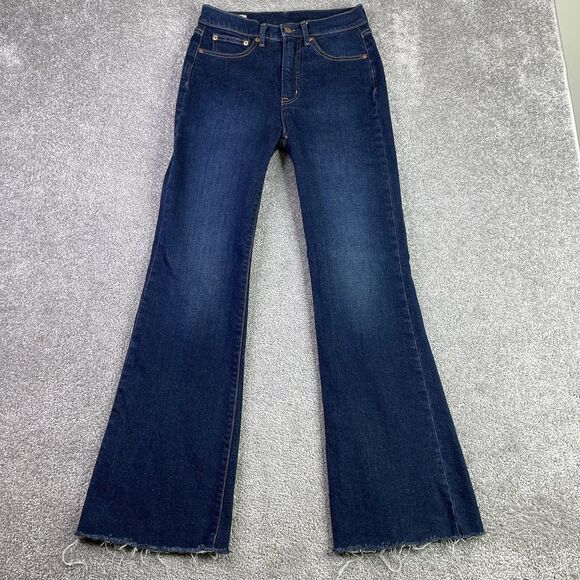 Gap Jeans Women’s 27 Blue 70’s Flare High Rise Dark Wash Slim Fit Raw Hem - Picture 1 of 9